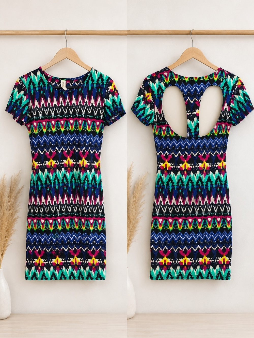 Vintage Cutout-Back Aztec Print Bodycon Dress in Multicolor